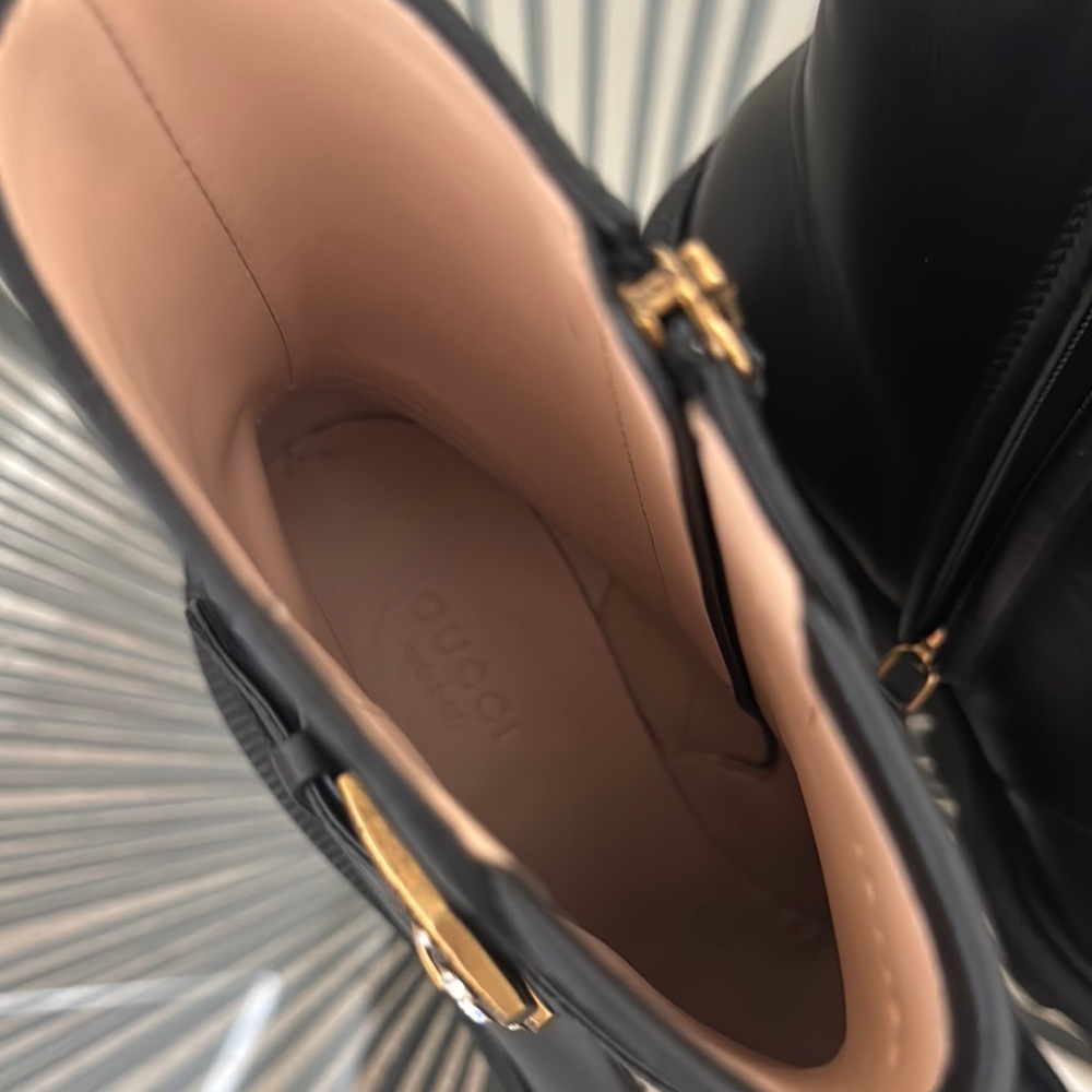 NEW AUTH Gucci Monogram Heeled Boots with Gold Buckles 37.5 - Picture 11 of 12